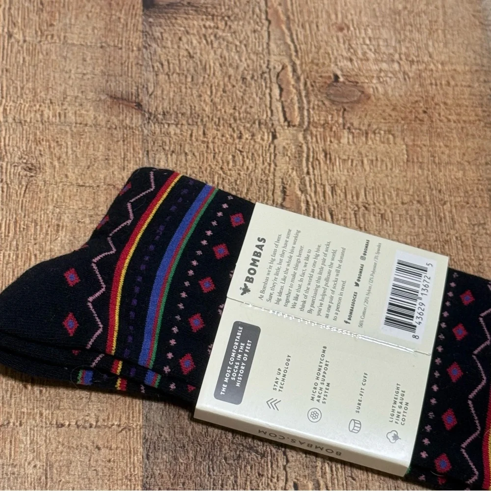 Bombas Black With Multicolor Geometric Lines Crew Socks Size Medium